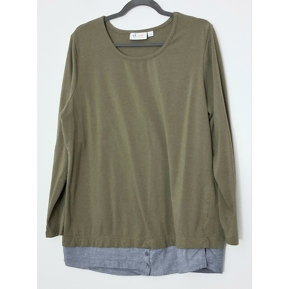 Denim &‎ Co. Duet Tunic Women's Large Olive Green With Stretch Chambray Shirt